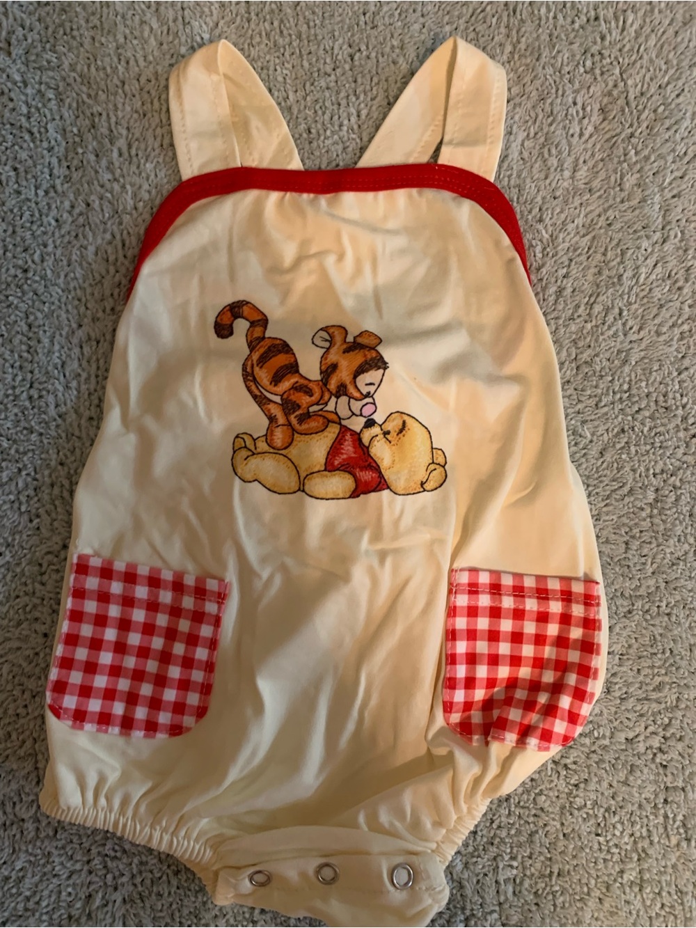 Winnie the Pooh & Tigger Cream Romper with Red Check Pockets